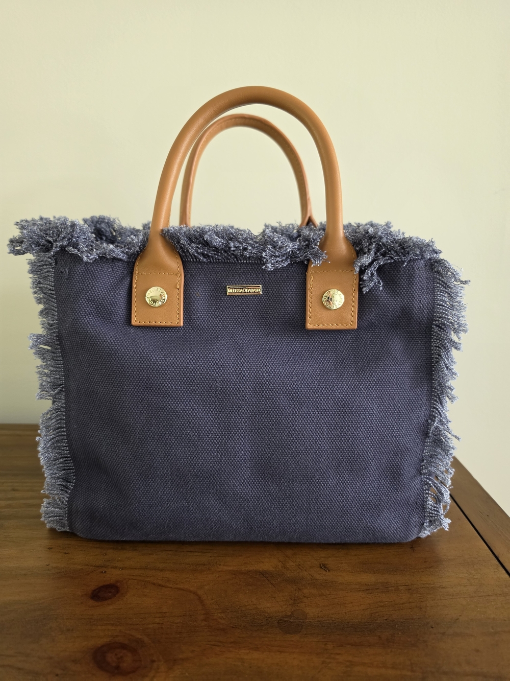 Melissa Odabash Navy Porto Cervo Fringed Mini Tote with Tan Leather Handles - Picture 10 of 14
